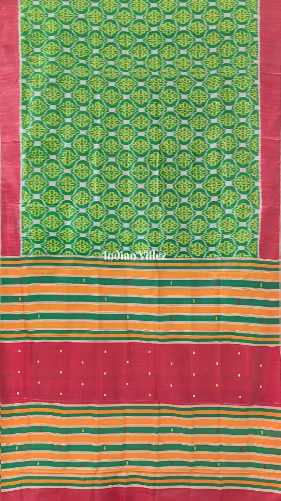 Parrot Green Scarlet Red Odisha Ikat Contemporary Silk Saree