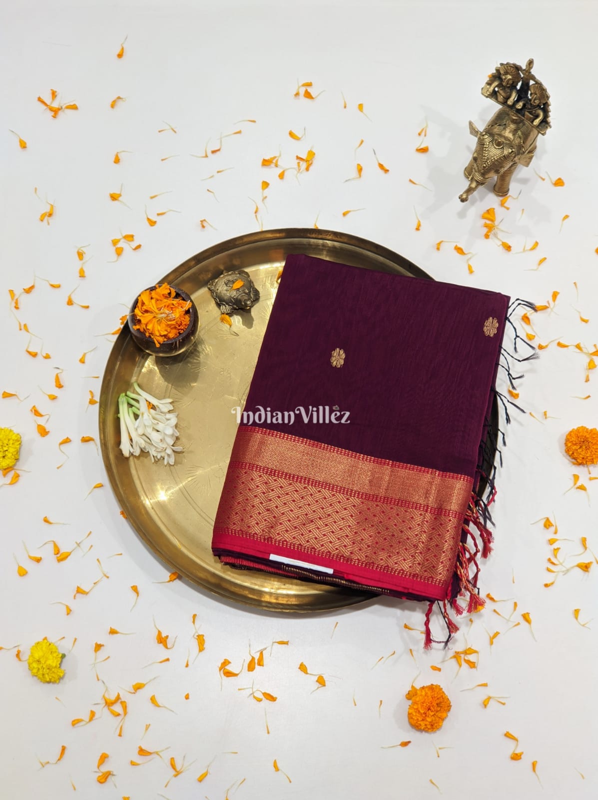 Maroon Maheshwari Silk and Cotton Saree