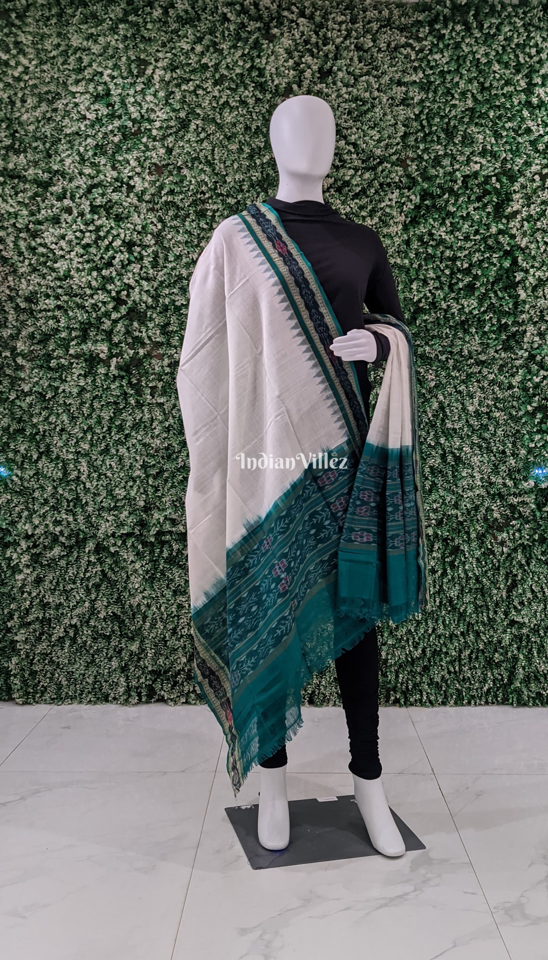 White Bottle Green Handwoven Odisha Ikat Cotton DupattaWhite Bottle Green Handwoven Odisha Ikat Cotton Dupatta