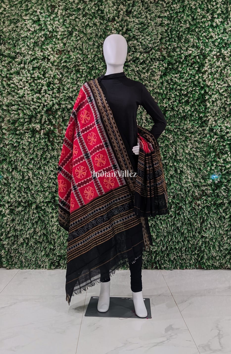 Red Black Baghambari Odisha Ikat Cotton Dupatta