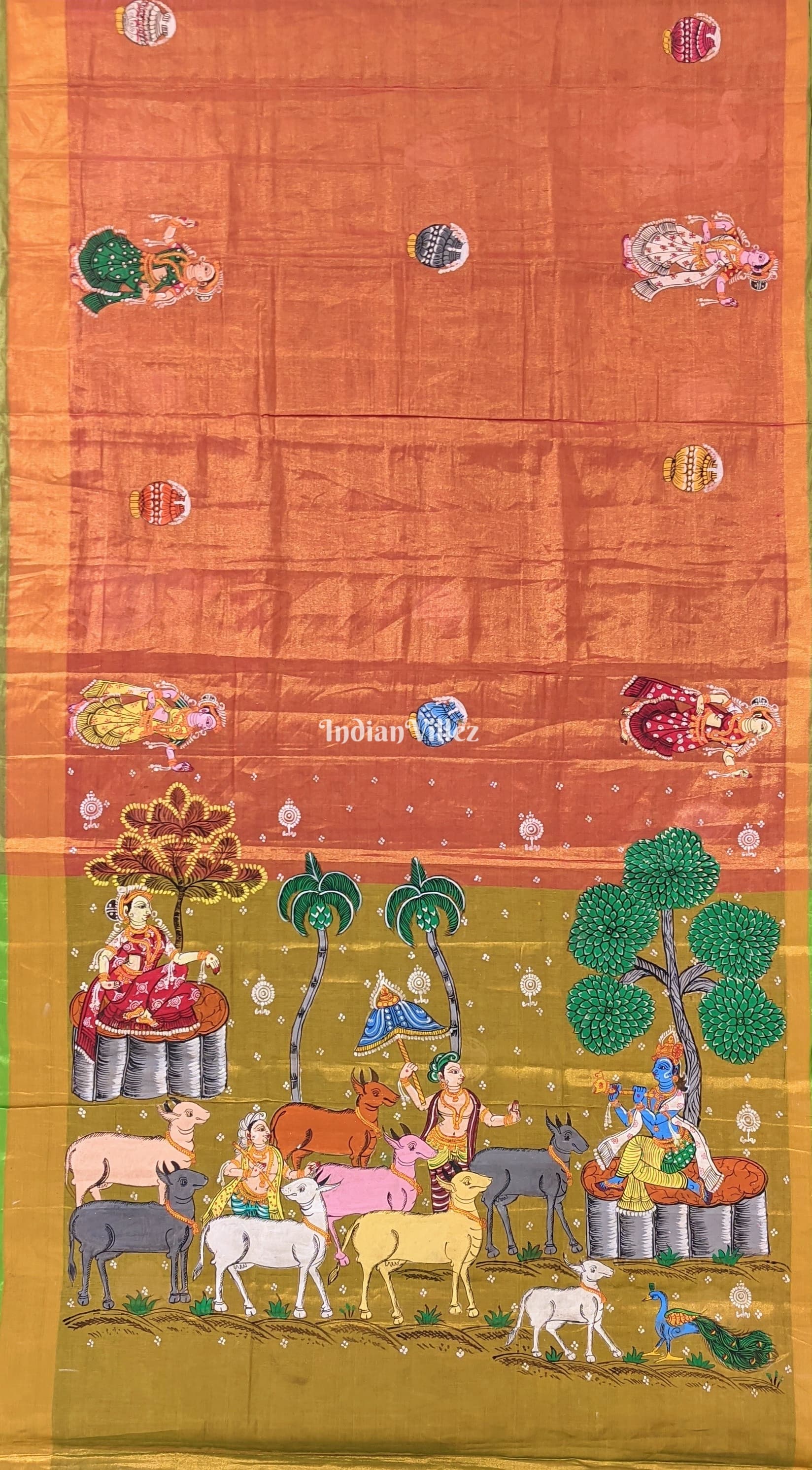 Golden Dualtone Krishna Pattachitra Tissue Saree