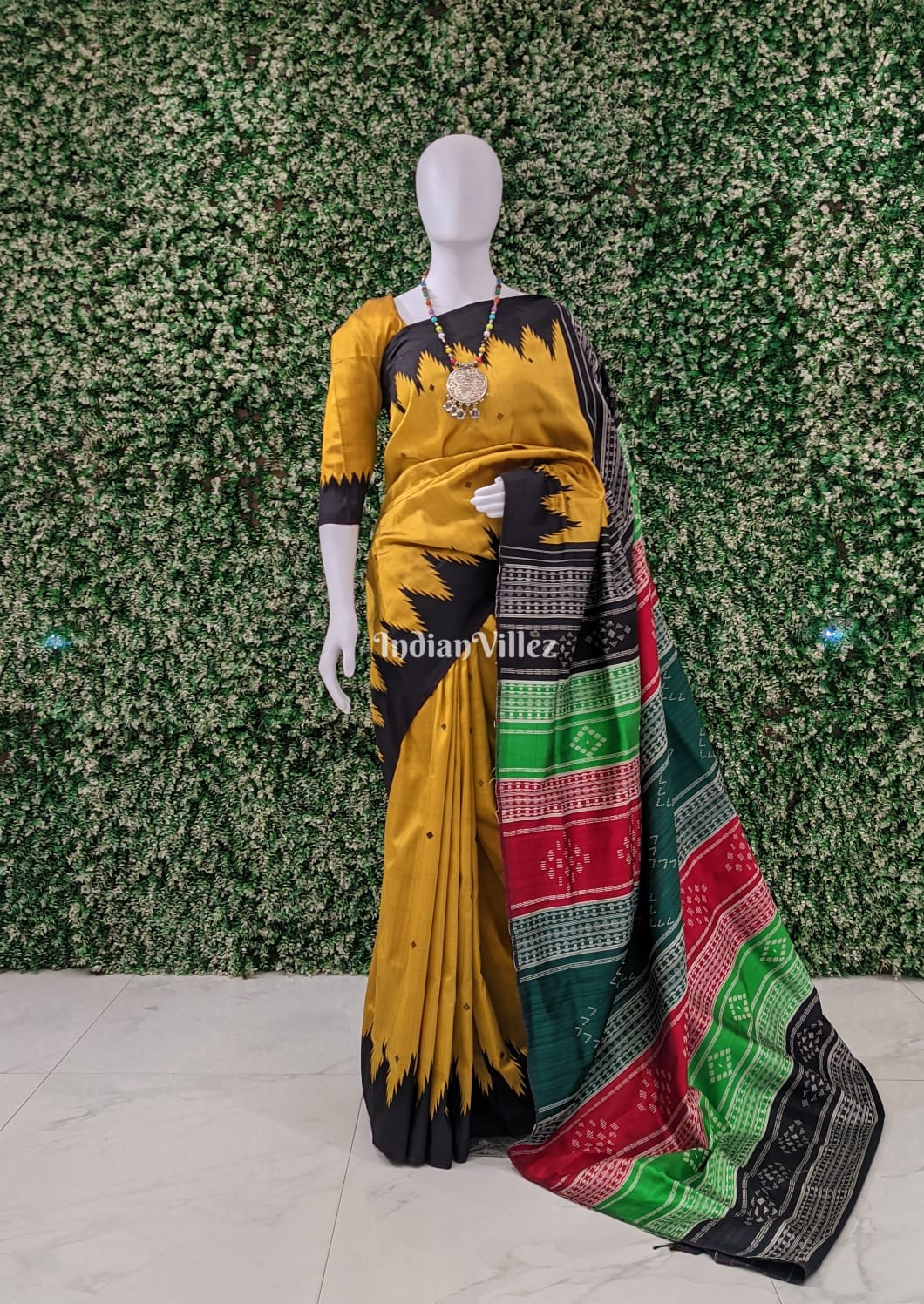 Golden Berhampuri with Black Double Palla Handloom Silk Saree