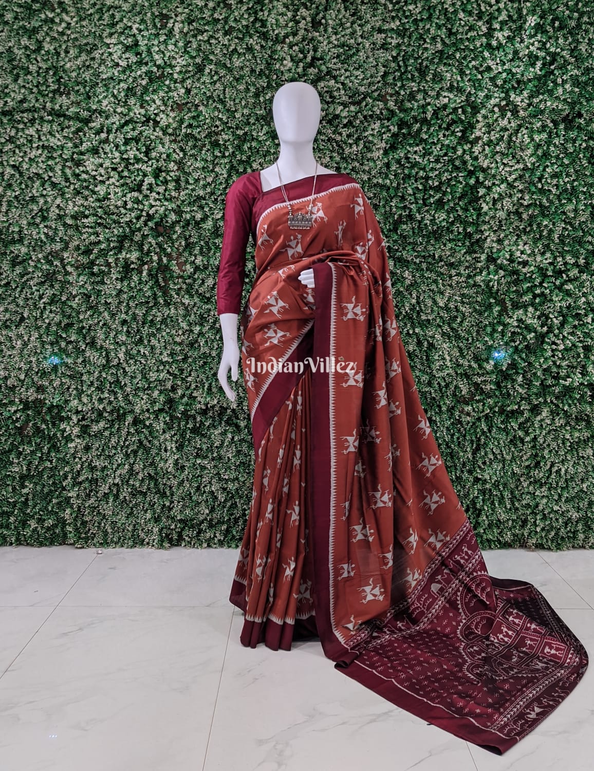 Maroon Odisha Ikat Tribal Contemporary Silk Saree