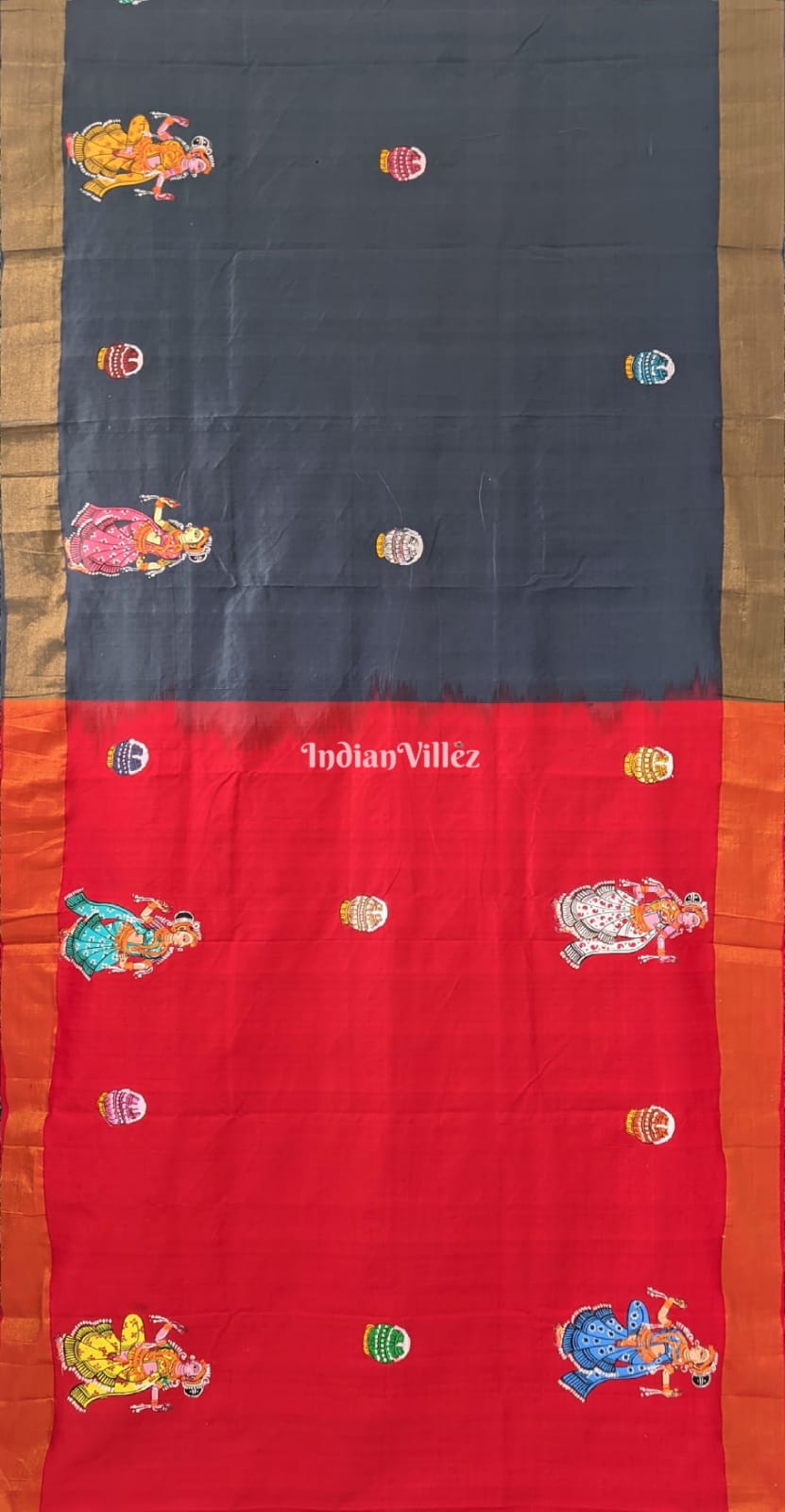 Red Grey Radha Krishna Pattachitra on Kerala Silk Saree