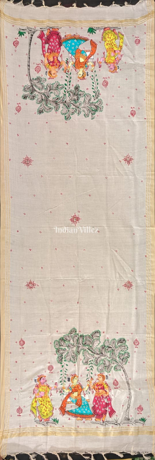 Off White Raja Theme Cotton Pattachitra Dupatta