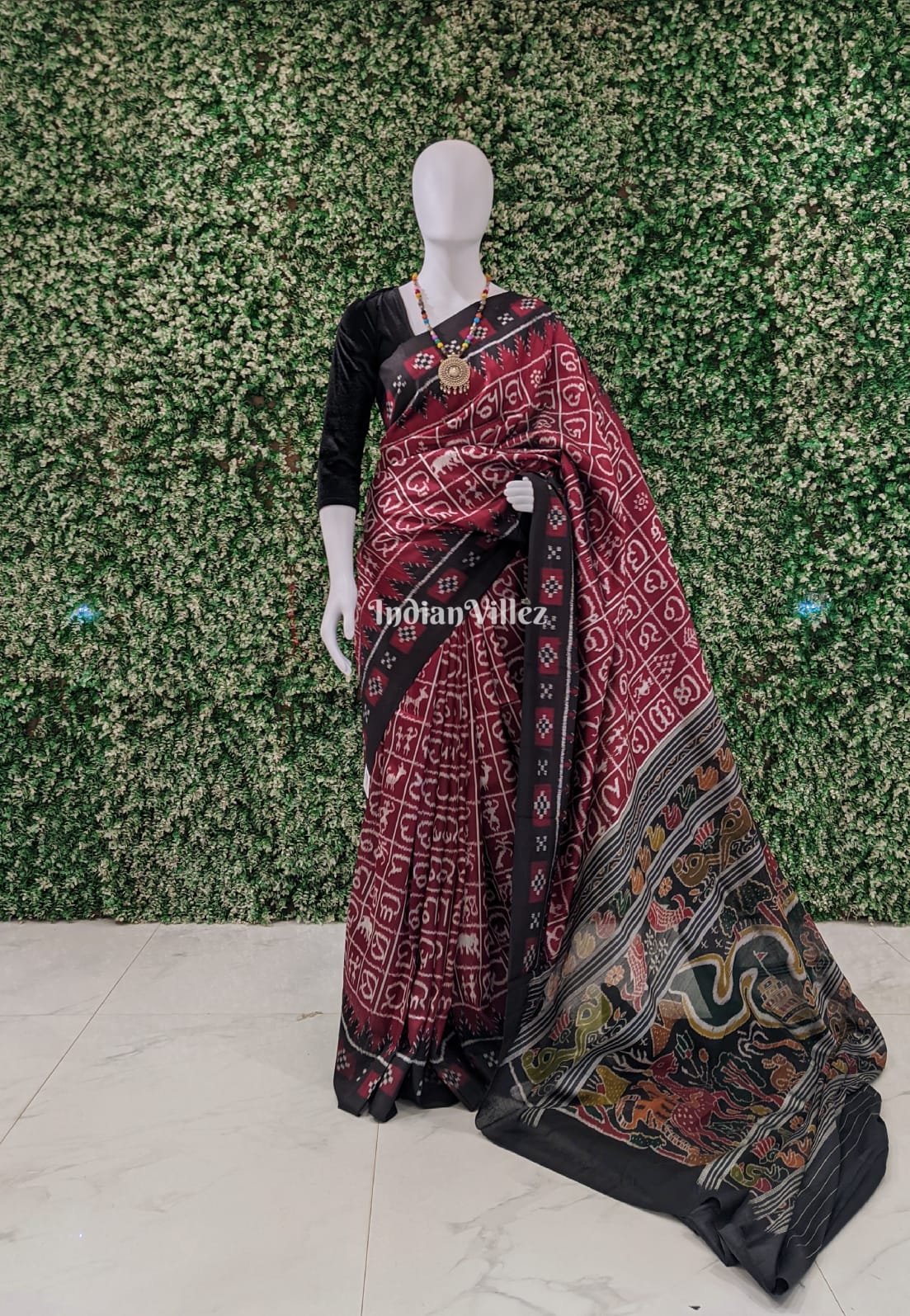 Maroon Black Odia Barnamala wit Tribal Contemporary Silk Saree