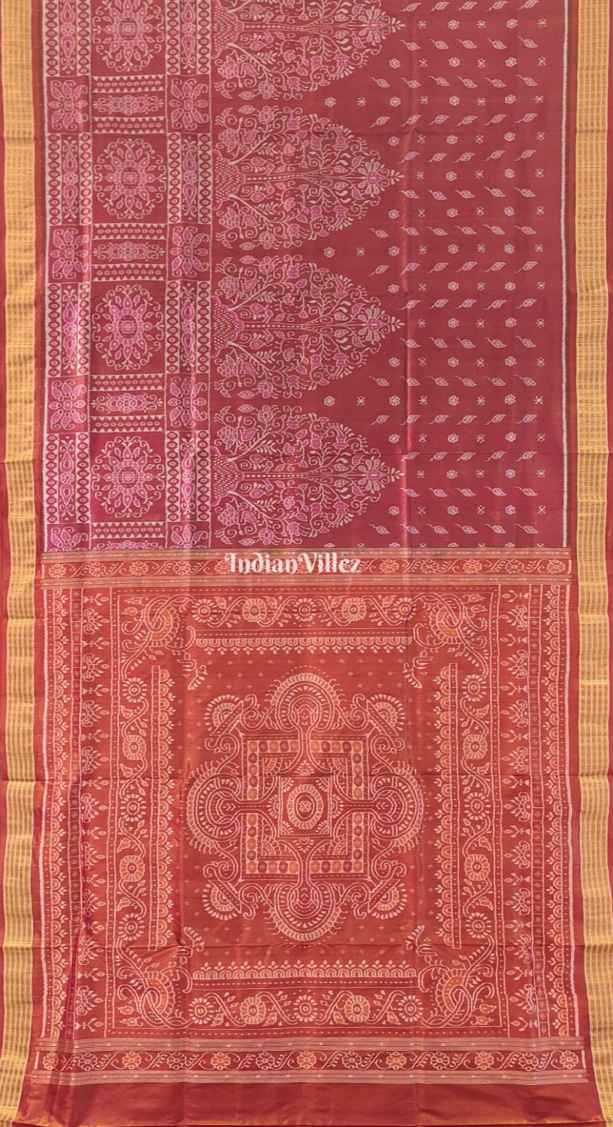 Maroon Pink Body Tissue Zari Sambalpuri Silk Saree