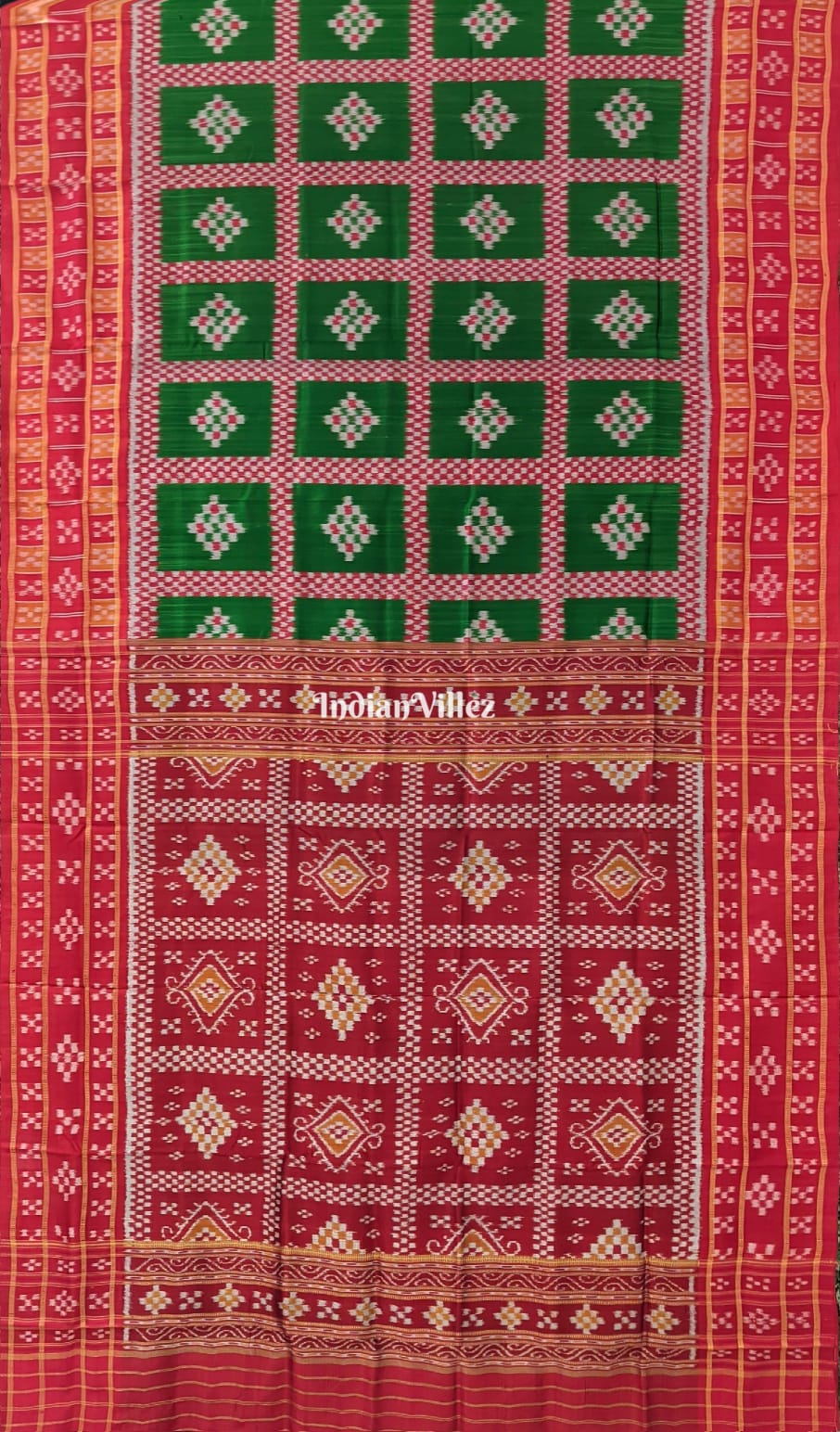 Bottle Green Red Pasapali Khandua Silk Saree