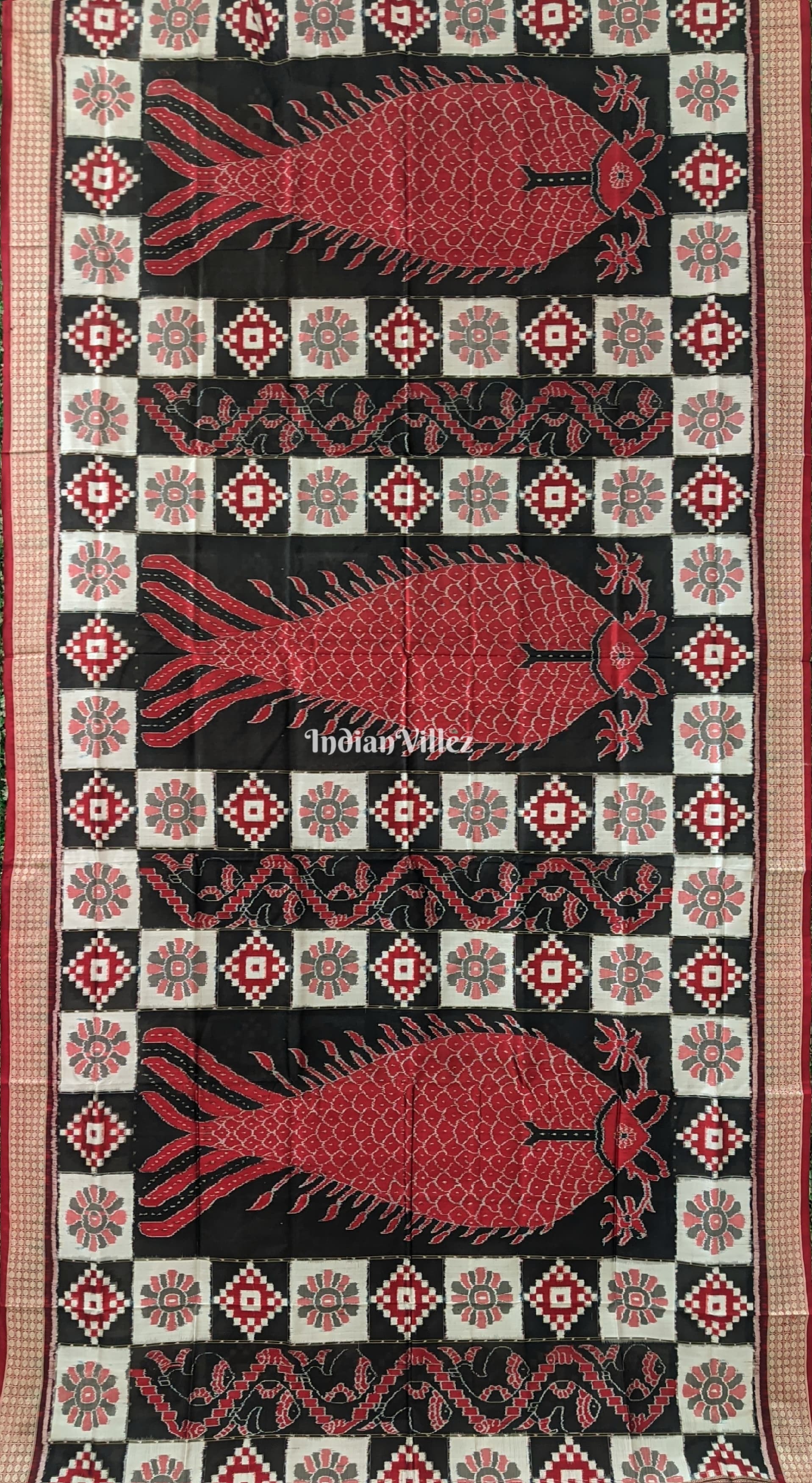 Maroon Pasapali with Fish Motif Theme Sambalpuri Pure Silk Saree