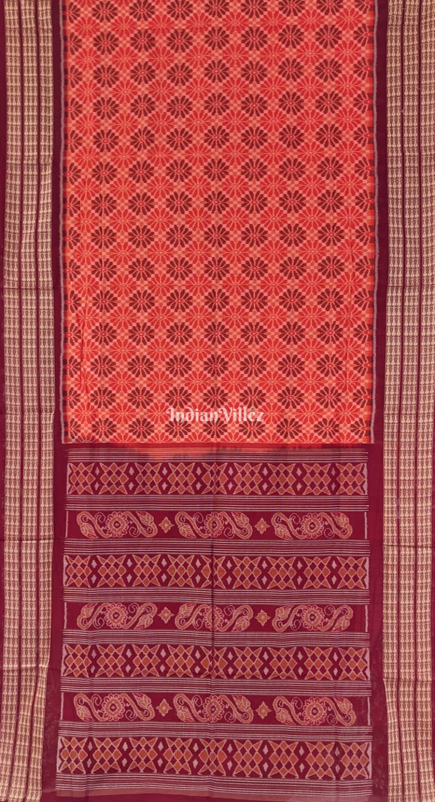 Flower Design Odisha Ikat Sambalpuri Cotton Saree with Fish Border