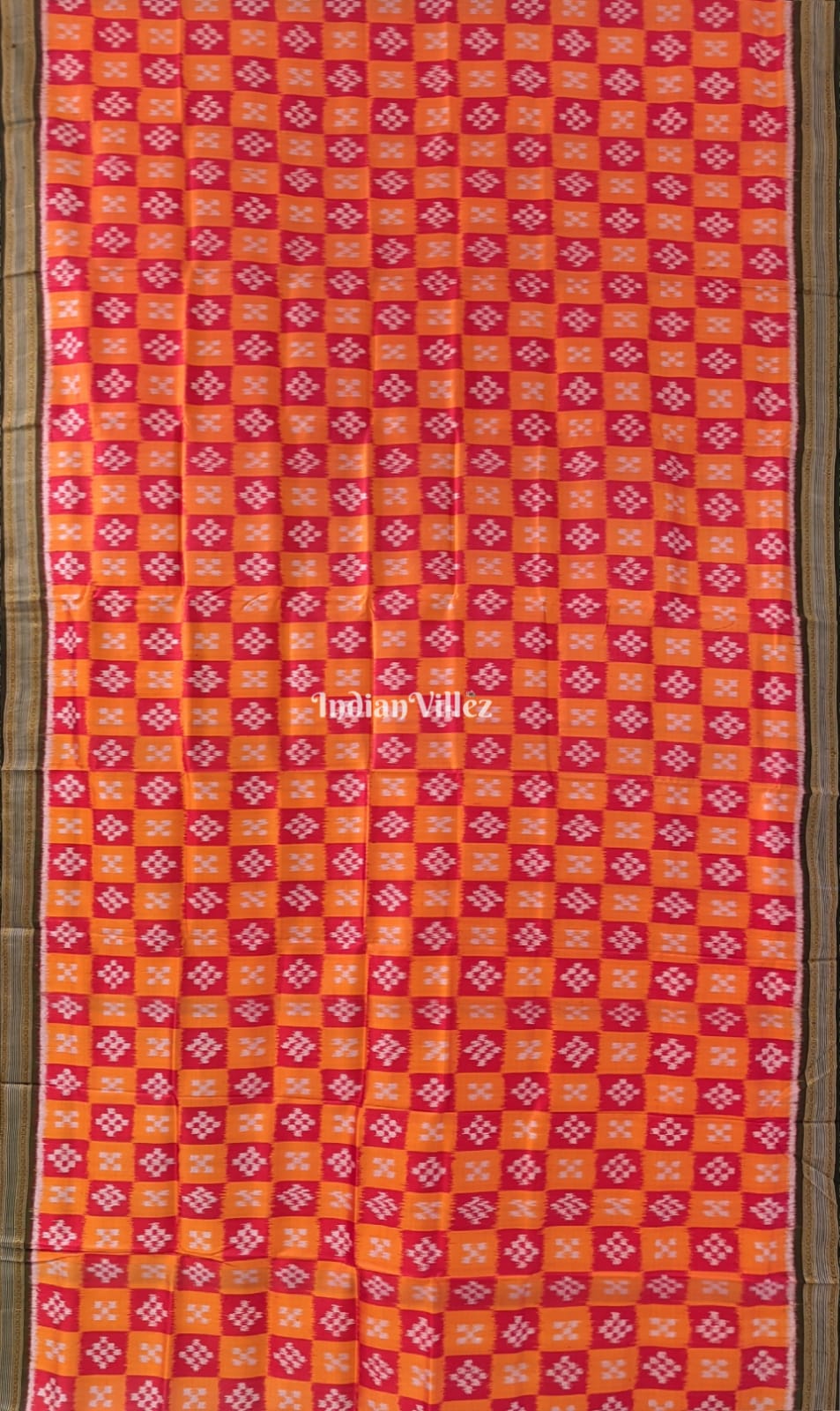 Orange Red Body Pasapali with Black Border Khandua Silk Saree