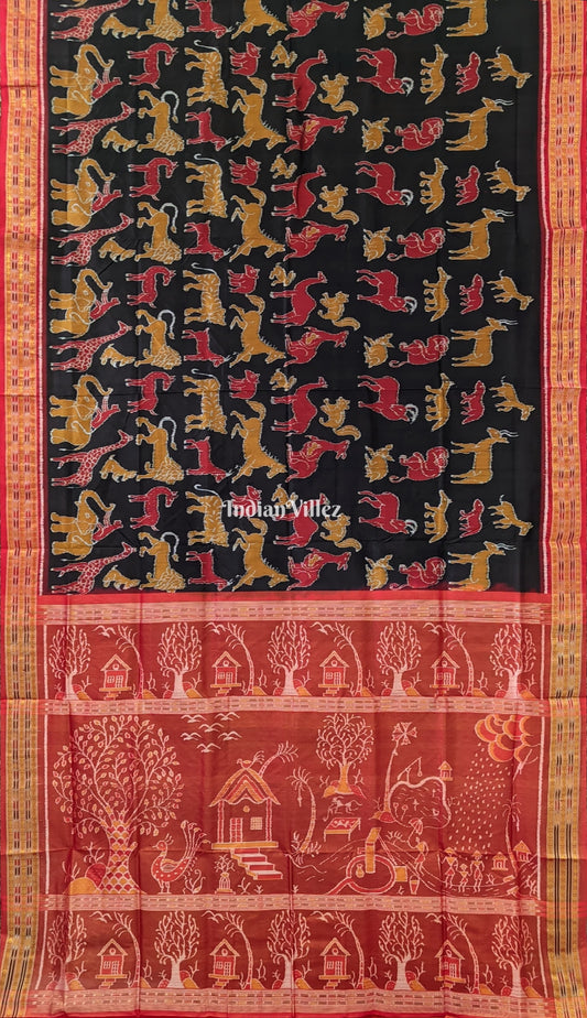 Black Jungle and Animal Theme Sambalpuri Silk Saree