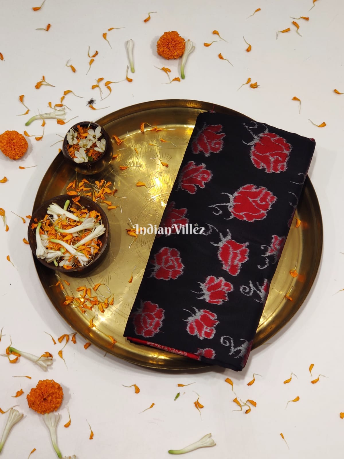 Black Rose Motif Sambalpuri Ikat Silk Saree