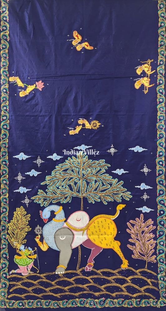 Dark Blue Arjuna Bows to Navagunjara Hand-Painted Pattachitra Saree (Pre Order)