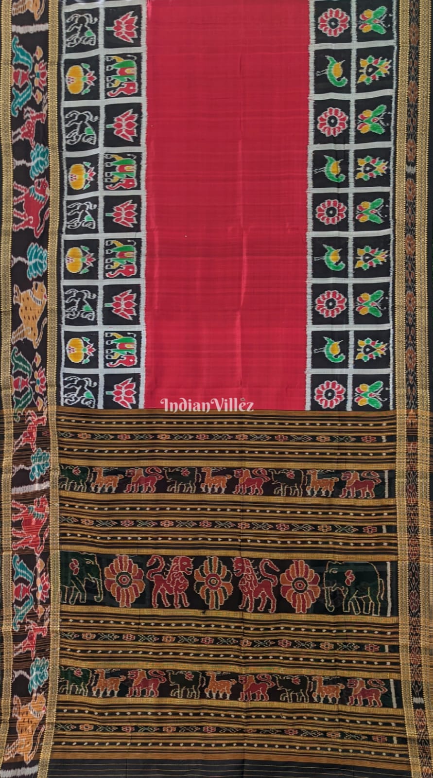 Maroon Black Nabakothi Khandua Pata Silk Saree with Animal Border