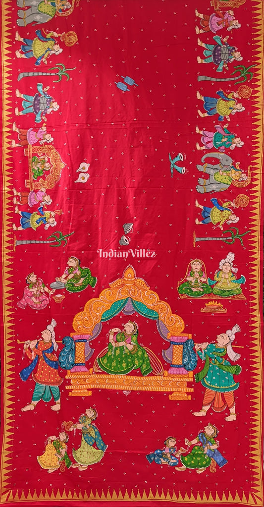 Red Doli Barat Theme Pattachitra Art on Pure Mulberry Silk Saree