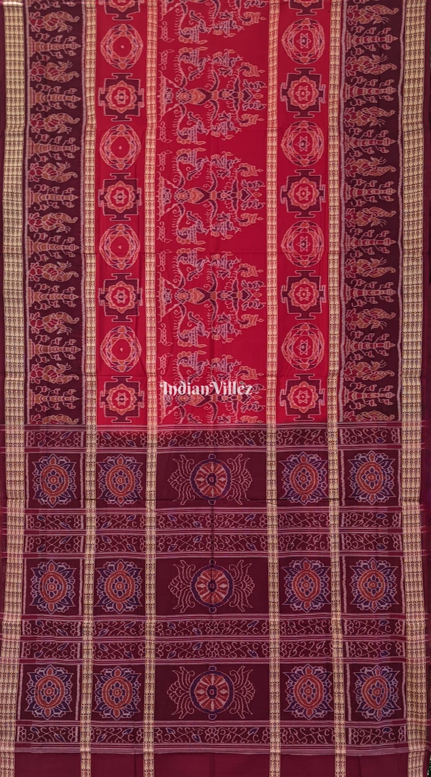 Red Odisha Ikat Sambalpuri Cotton Saree with Fish Line Motif & Border