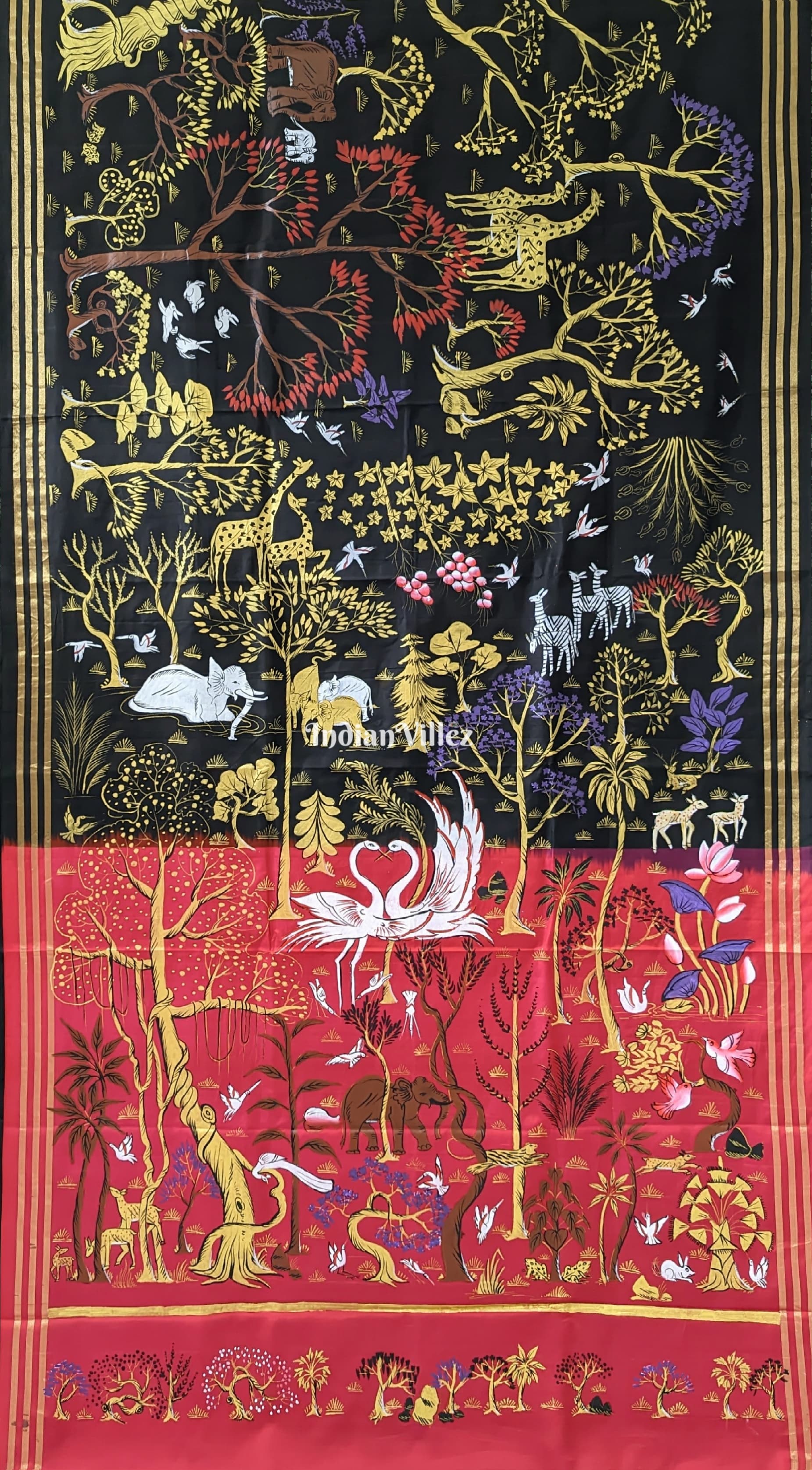 Black Jungle Theme Pattachitra Saree