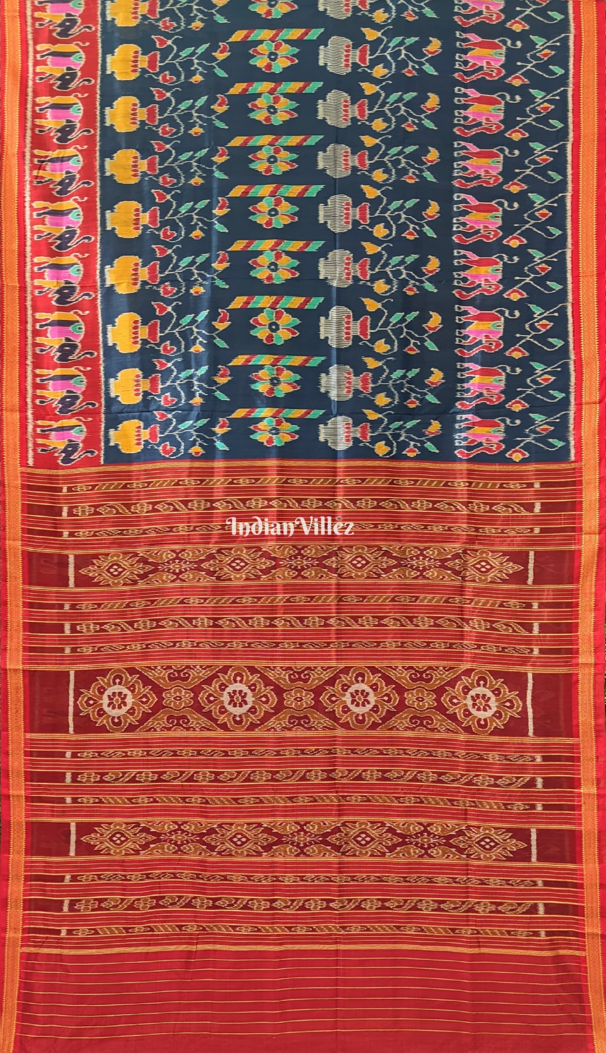 Peacock Blue Red Odisha Ikat Khandua Silk Saree
