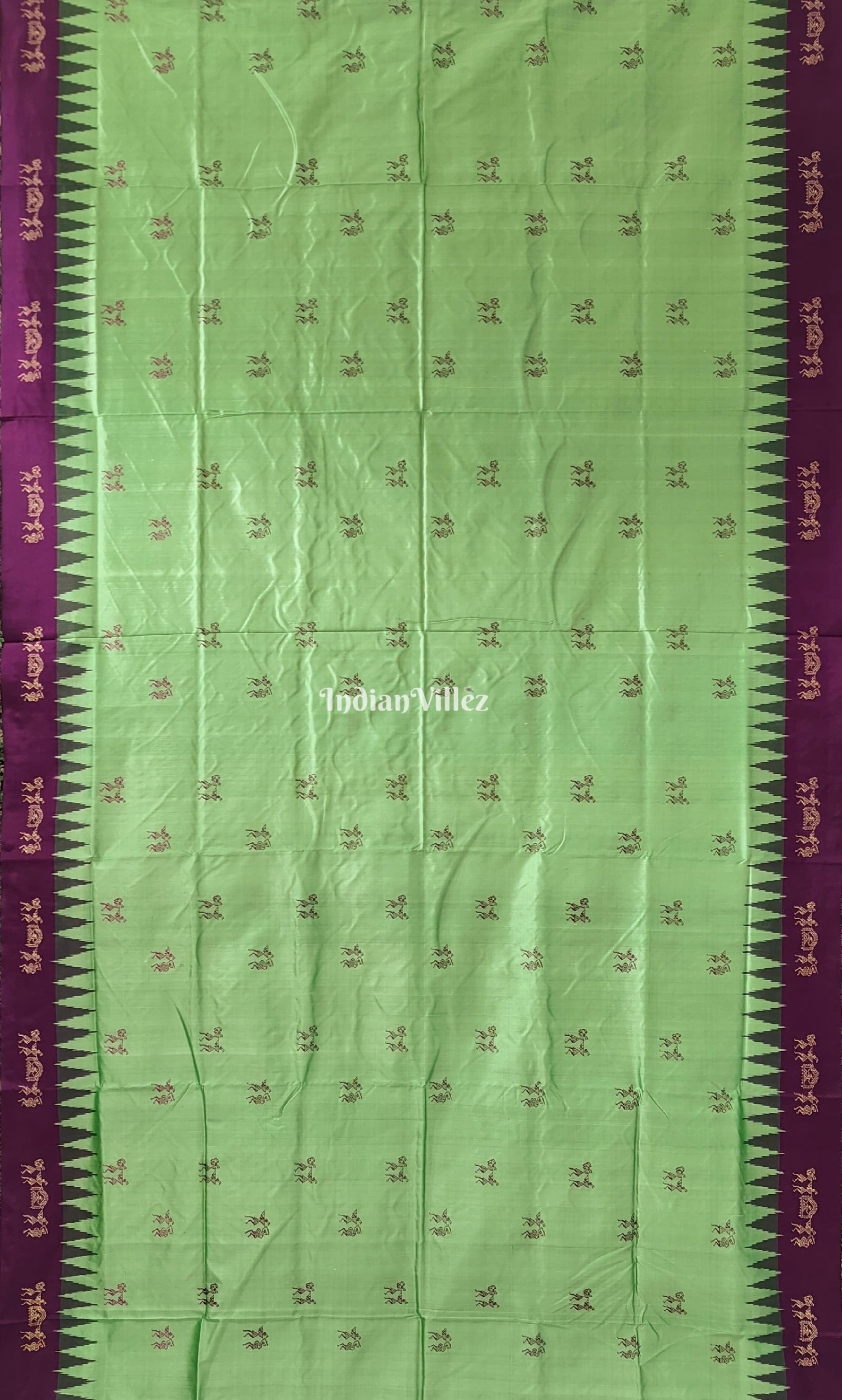 Mint Green & Wine Color Tribal Theme Sambalpuri Silk Saree