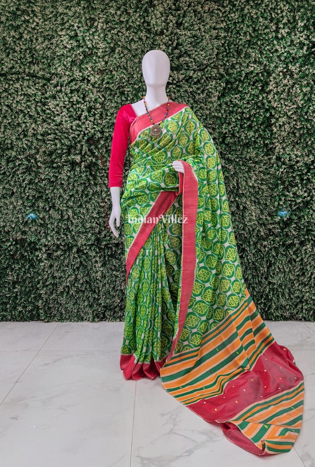 Parrot Green Scarlet Red Odisha Ikat Contemporary Silk Saree