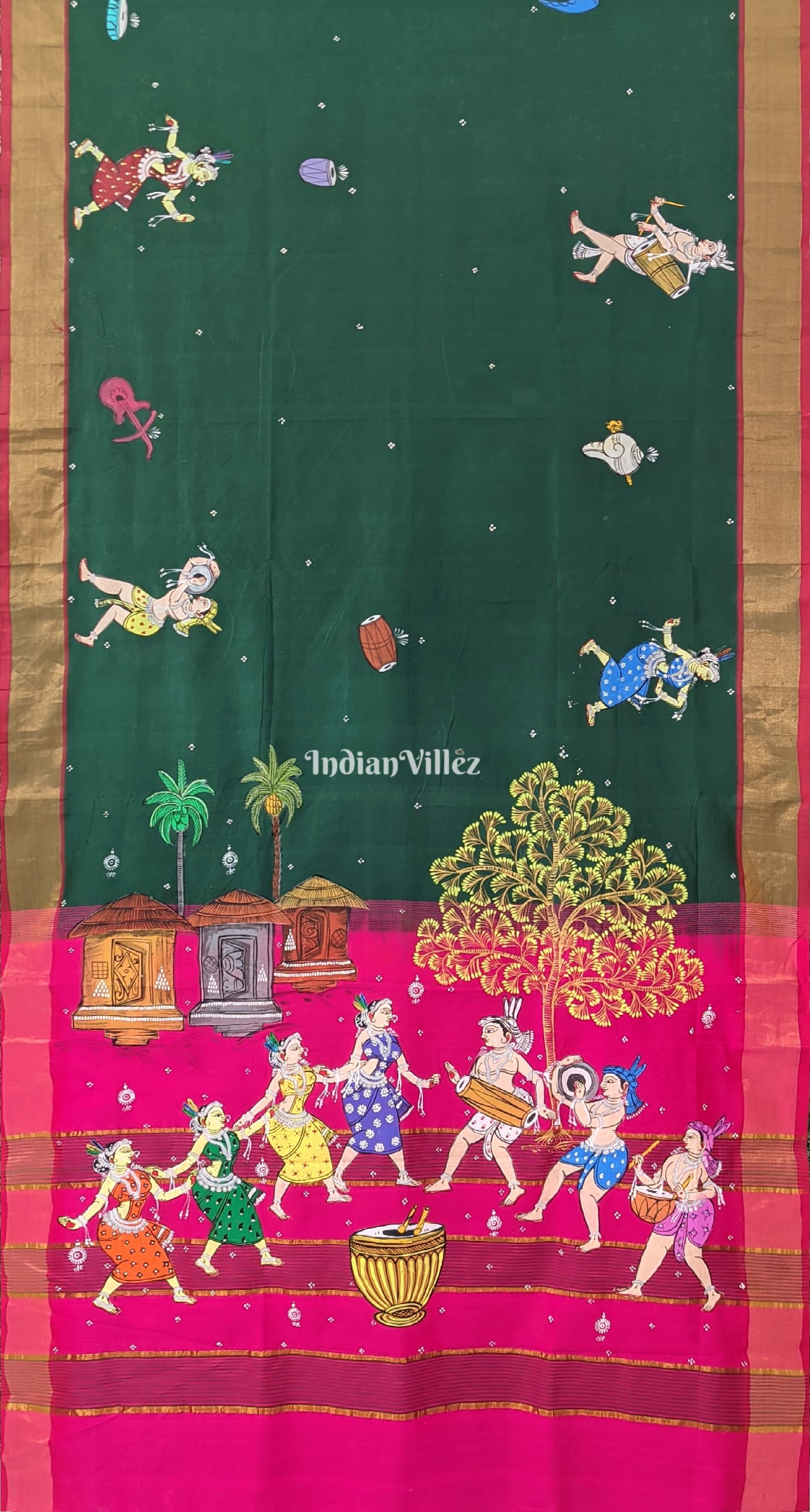 Bottle Green Rani Tribal Dance Art Pattachitra South Silk Saree