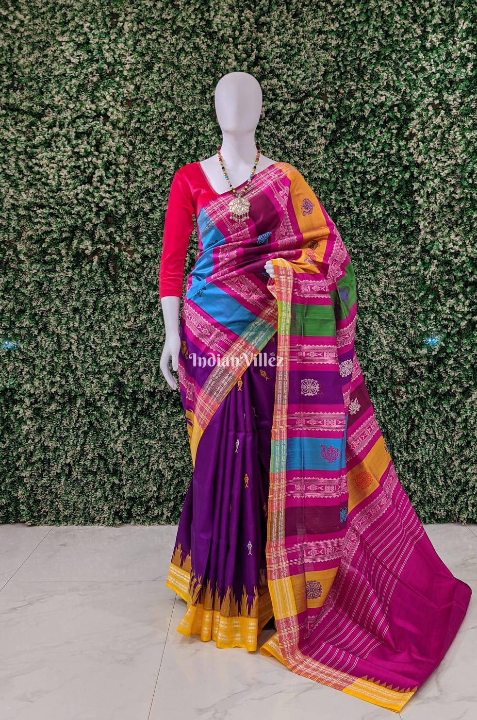 Purple Yellow Pink Double Palla Berhampuri Silk Saree with Fish Motif