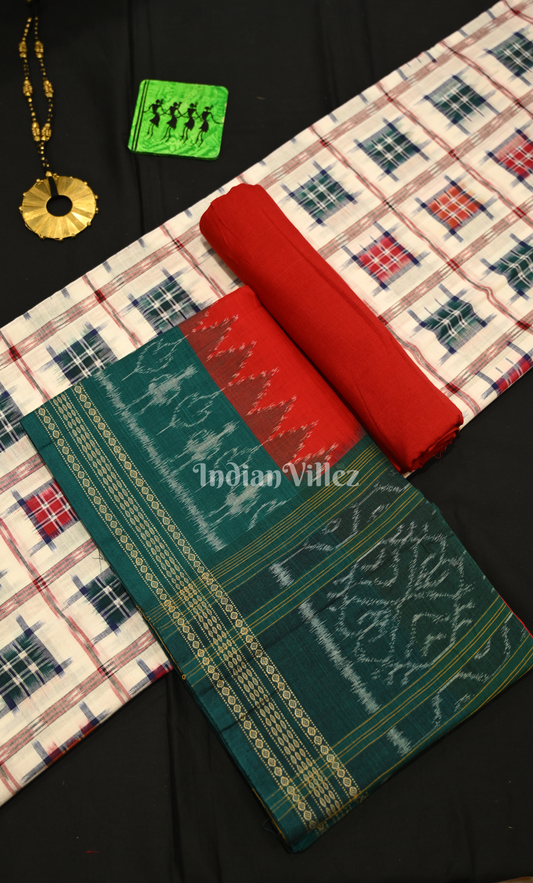 Off White Red Aswini Odisha Ikat Sambalpuri Dress Set & Dupatta