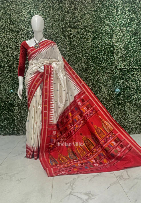 White Red Shree Mandir Theme Sambalpuri Ikat Silk Saree
