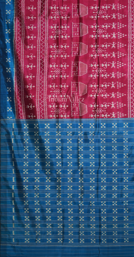 Magenta Pink Blue Tribal Theme Odisha Ikat Contemporary Designer Silk Saree