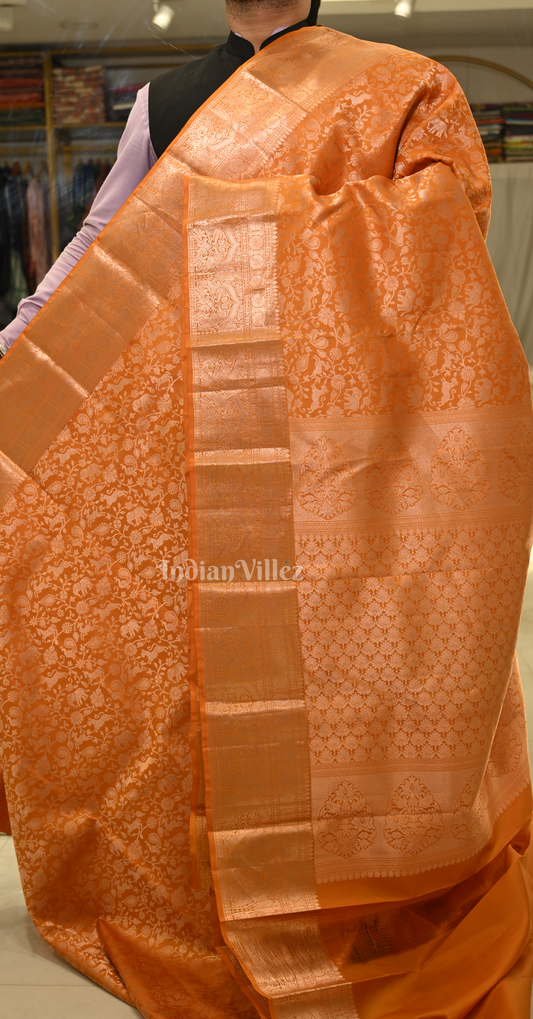 Rust Orange Shikargah Brocade Pure Kanjivaram Silk Saree