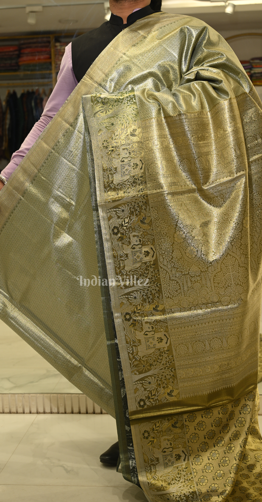 Exclusive Olive Green Brocade Pure Kanjivaram Tissue Silk Saree
