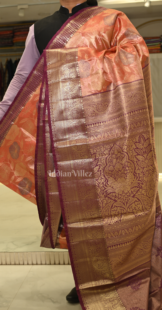 Metallic Orange Purple Floral Pure Kanjivaram Tissue Silk Saree