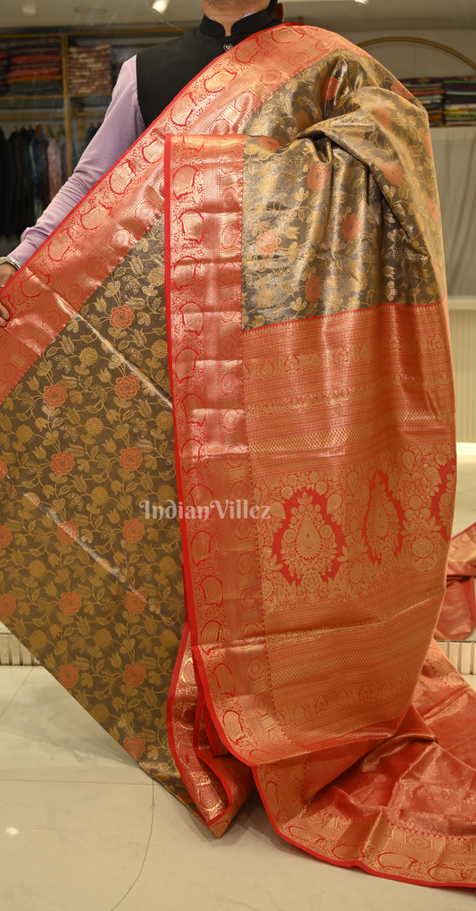 Brown Golden Floral Pure Kanjivaram Tissue Silk Saree