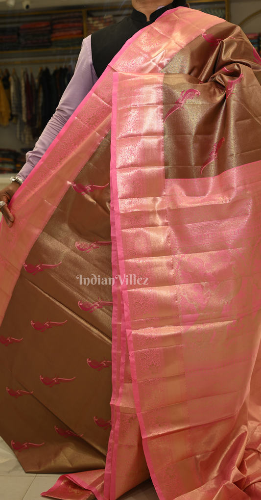 Gold Pink Parrot Motif Pure Kanjivaram Tissue Silk Saree