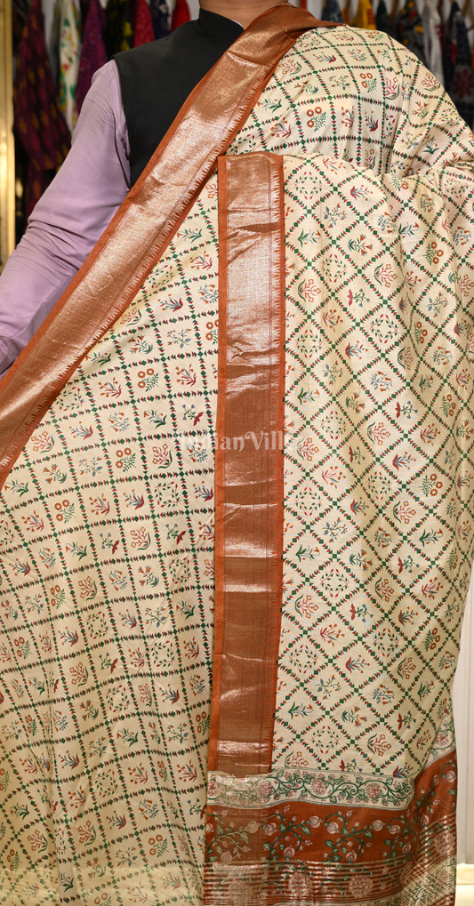 Off White Screen Printed Cotton Saree