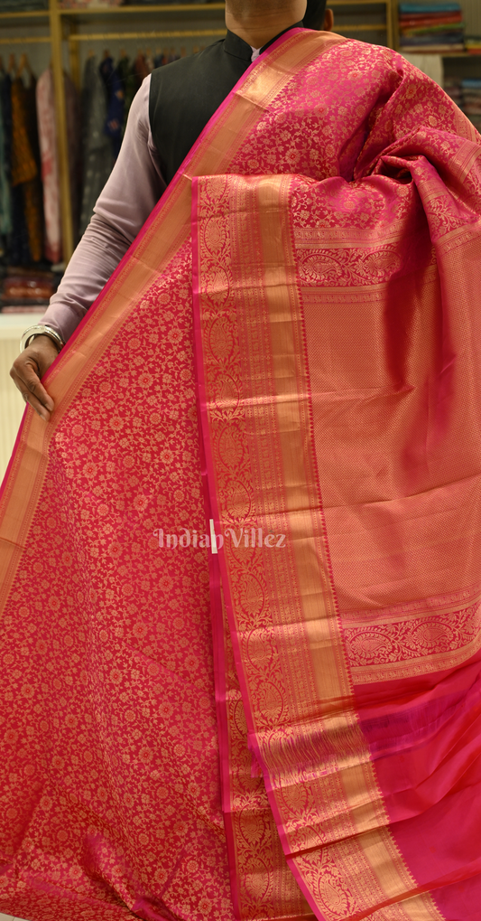 Exclusive Rani Pink Golden Floral Zari Brocade Pure Kanjivaram Silk Saree