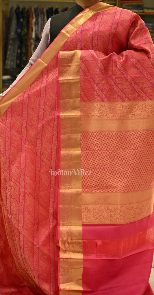 Exclusive Rani Pink Golden Brocade Pure Kanjivaram Silk Saree
