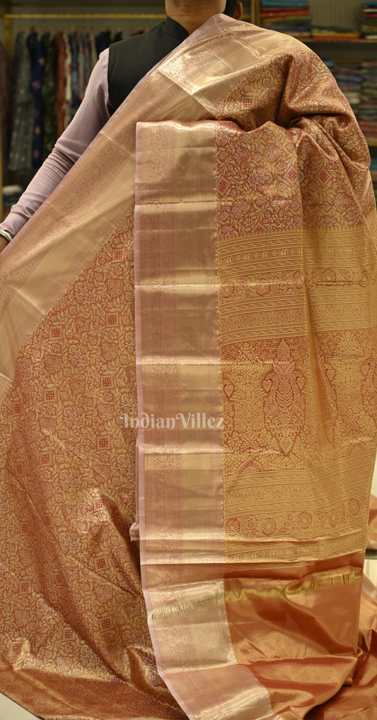 Rust Orange Floral Brocade Pure Kanjivaram Tissue Silk Saree