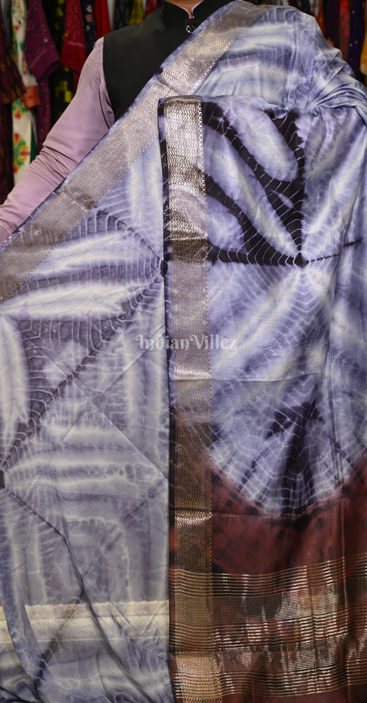 Light Blue Maroon Block Printed Shibori Cotton Saree