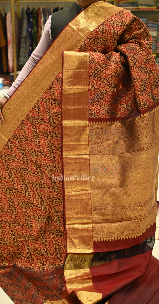 Exclusive Dark Maroon Golden Floral Brocade Pure Kanjivaram Silk Saree