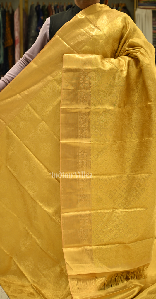 Exclusive Bridal Golden Yellow Floral Pure Kanjivaram Tissue Silk Saree