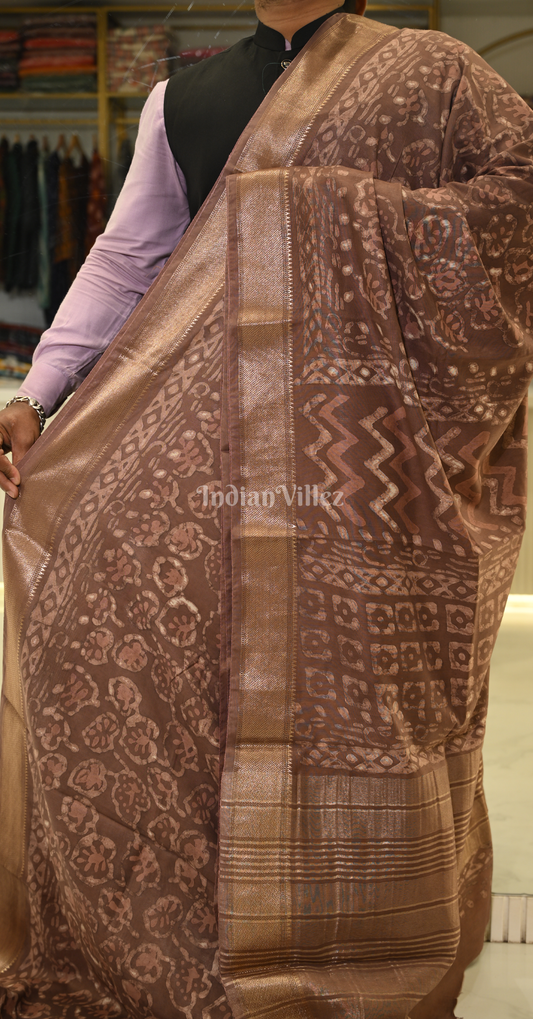 Brown Block Printed Dabu Cotton Saree
