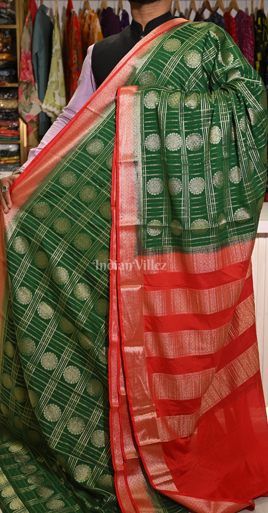 Green Red Checks Buta Pure Crepe Kanjivaram Silk Saree