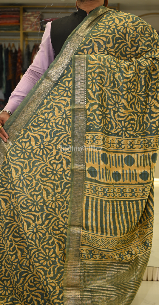 Green Block Printed Dabu Cotton Saree