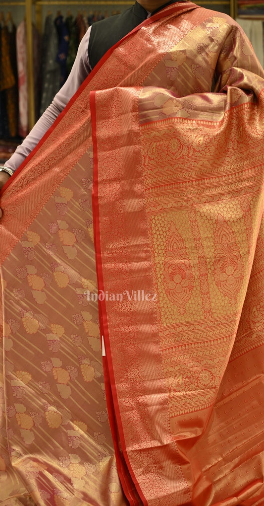 Rust Red Golden Dual Tone Pure Kanjivaram Tissue Silk Saree