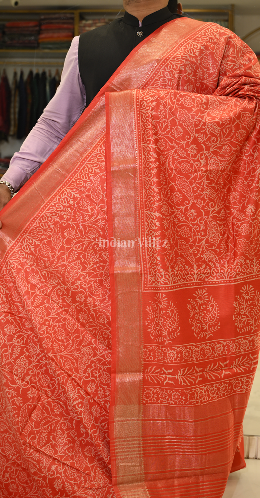 Red Block Printed Cotton Saree