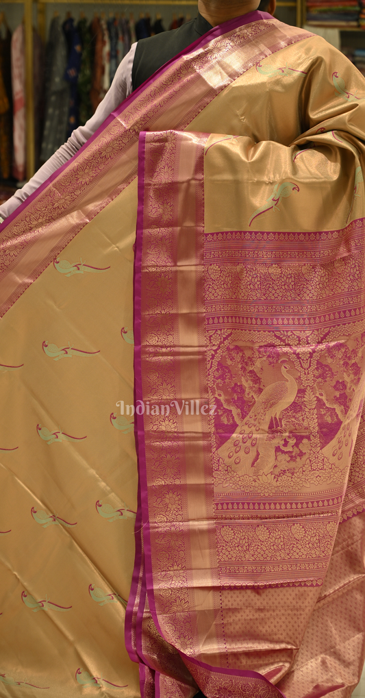Light Golden Rani Pink Parrot Motif Pure Kanjivaram Tissue Silk Saree