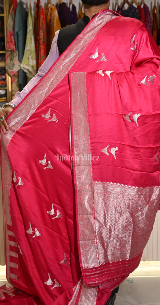 Exclusive Red Bird Motif Pure Satin Crepe Silk Banarasi Saree