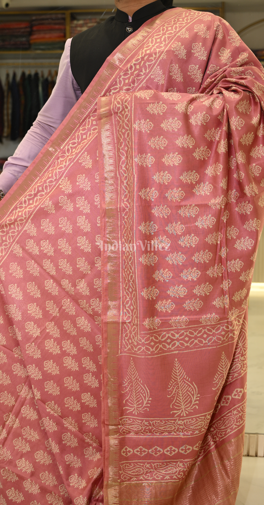 Peach Pink Block Printed Cotton Saree